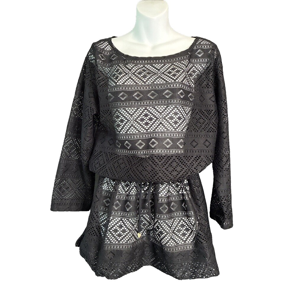 Anne Cole Swim Cover Up Black Lace Crochet Pullover Long Sleeve M/L Beach Fairy